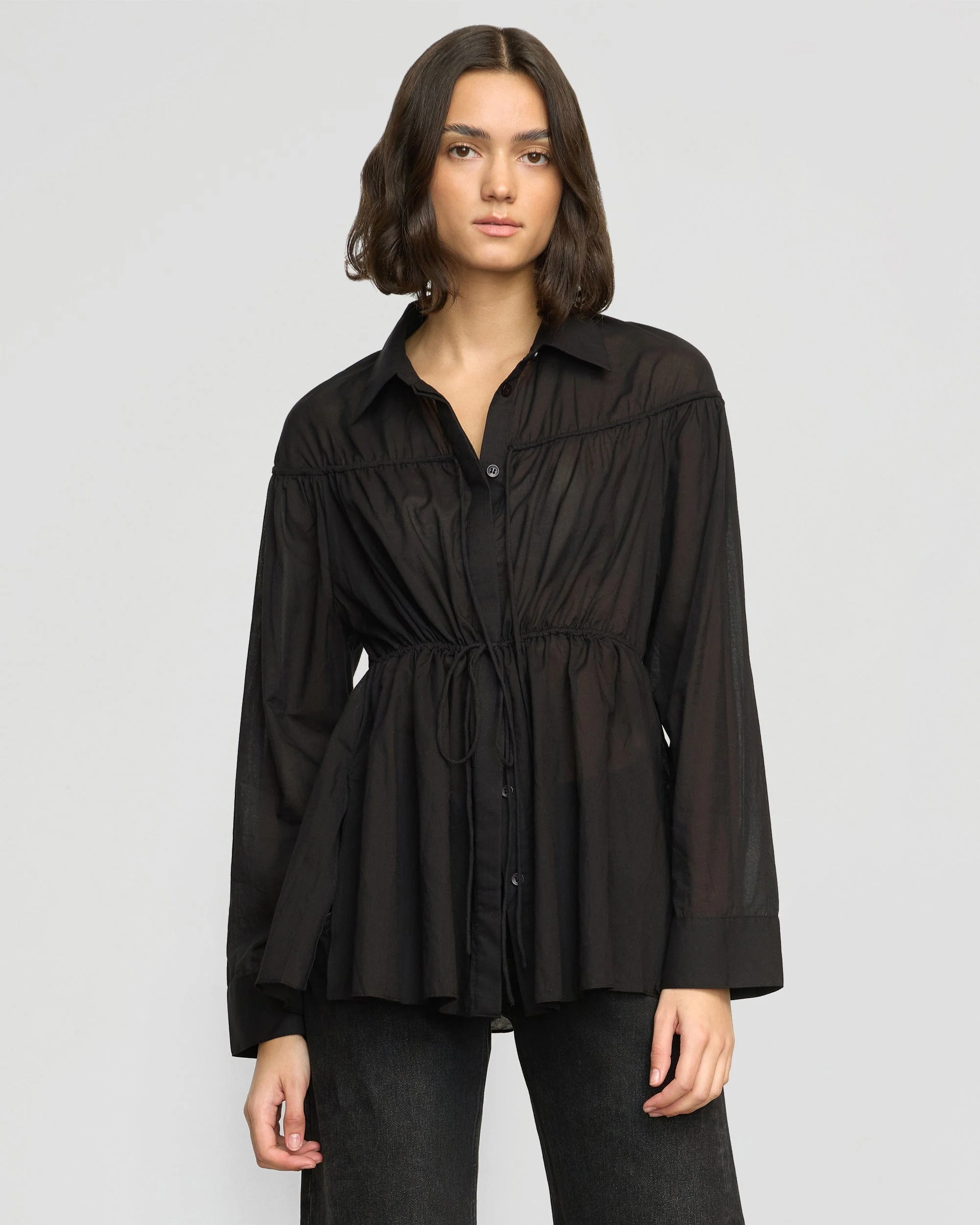 Kia Tie-Front Cotton-Silk Tunic Blouse