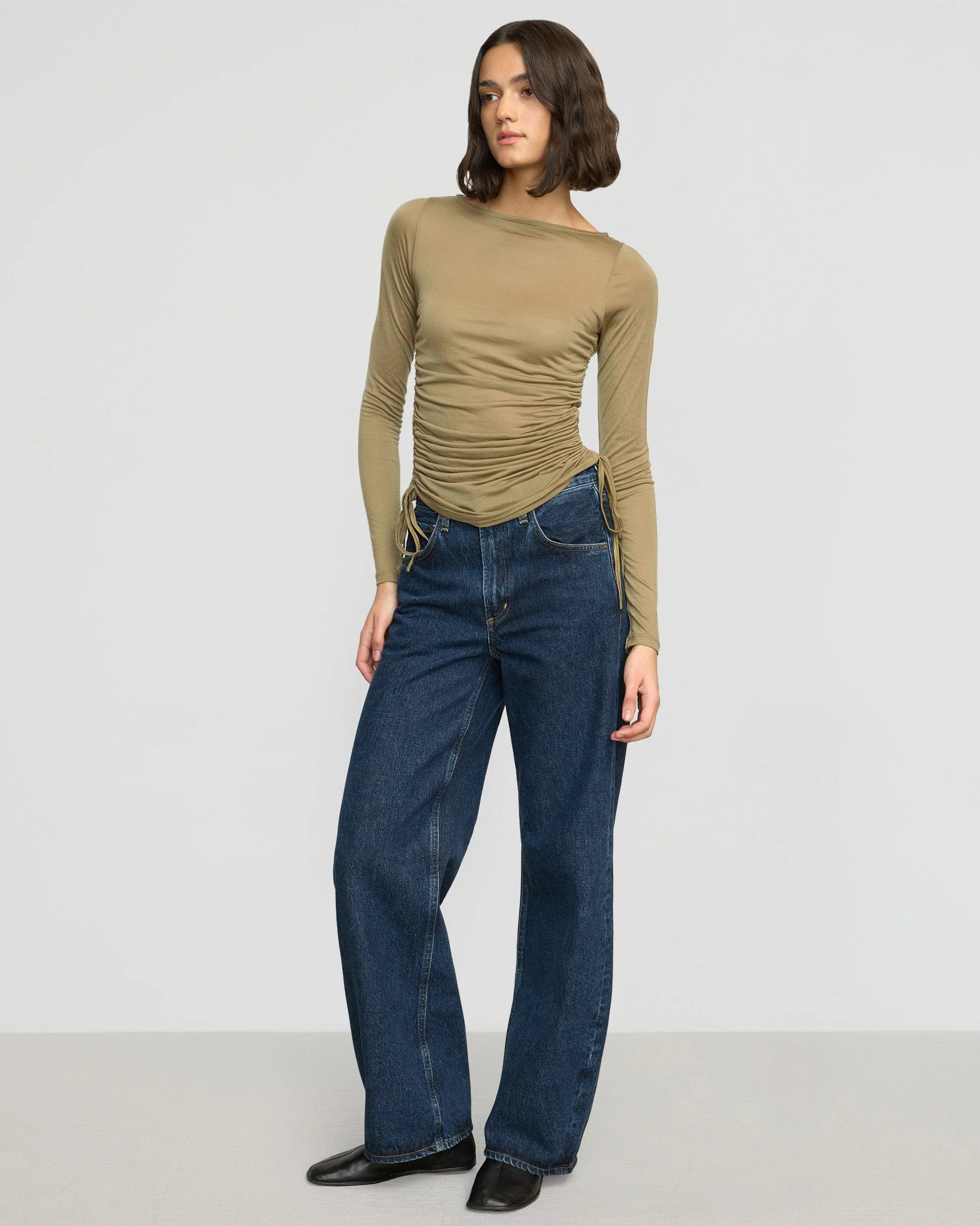 Joan Tencel Ruched-Side Semi-Sheer Tee