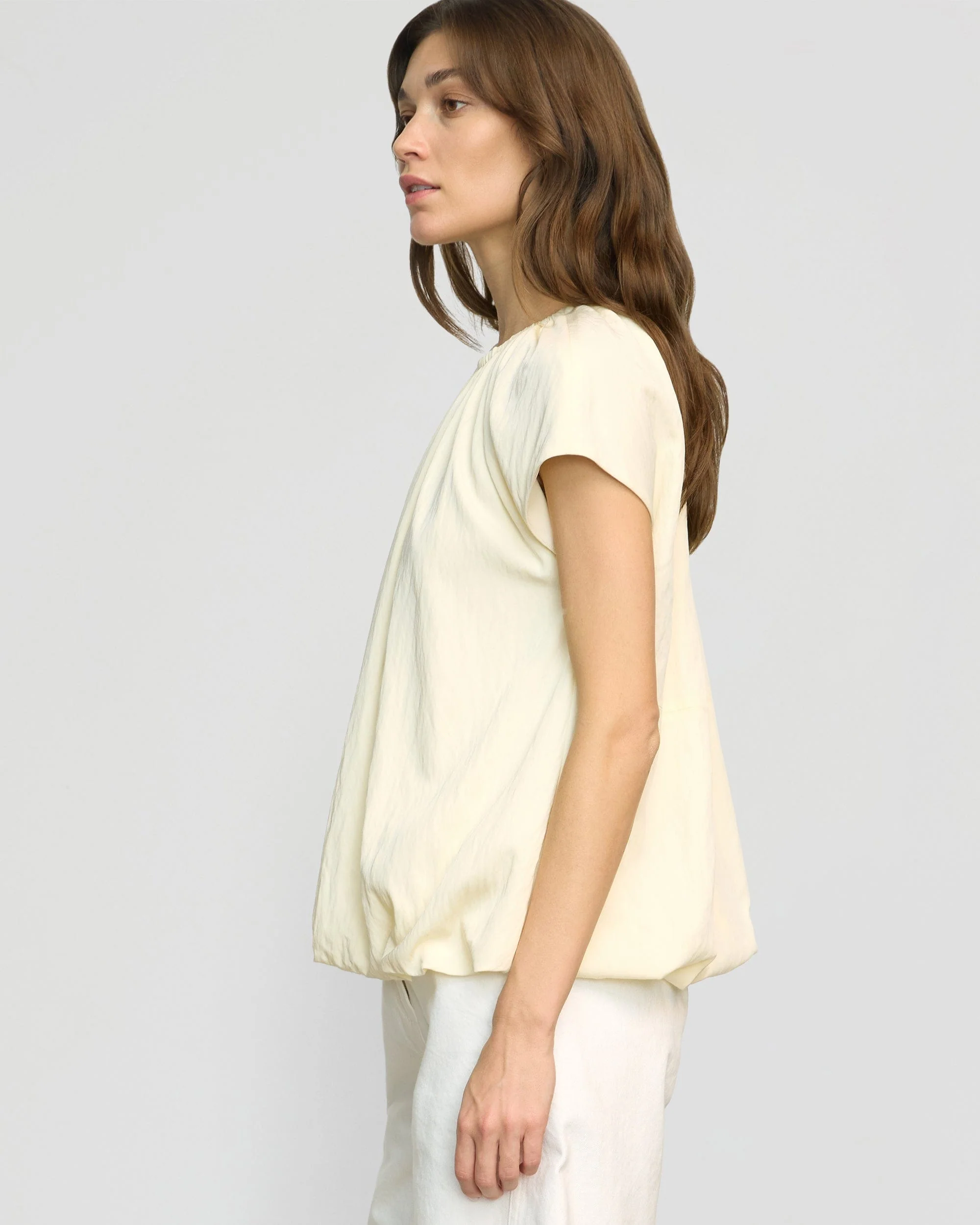 Orinda Shirred-Neck Bubble-Hem Blouse