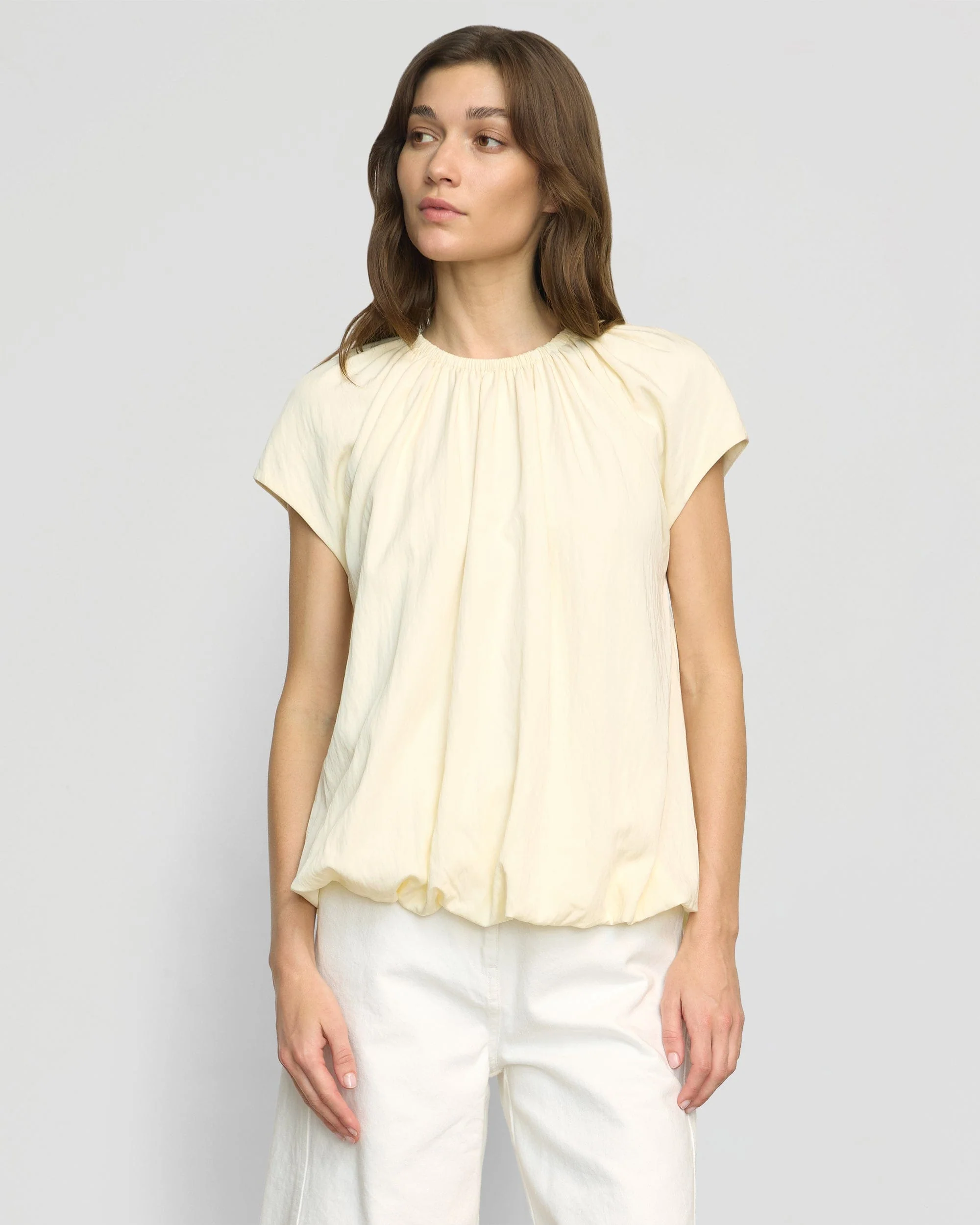 Orinda Shirred-Neck Bubble-Hem Blouse