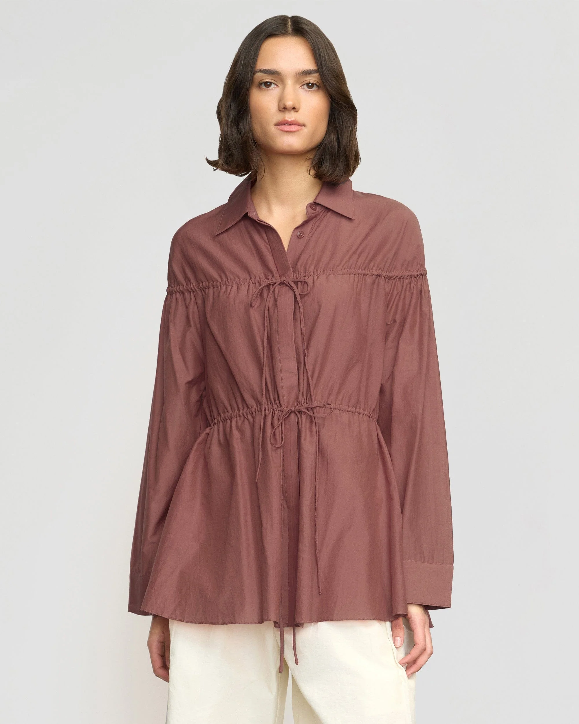 Kia Tie-Front Cotton-Silk Tunic Blouse