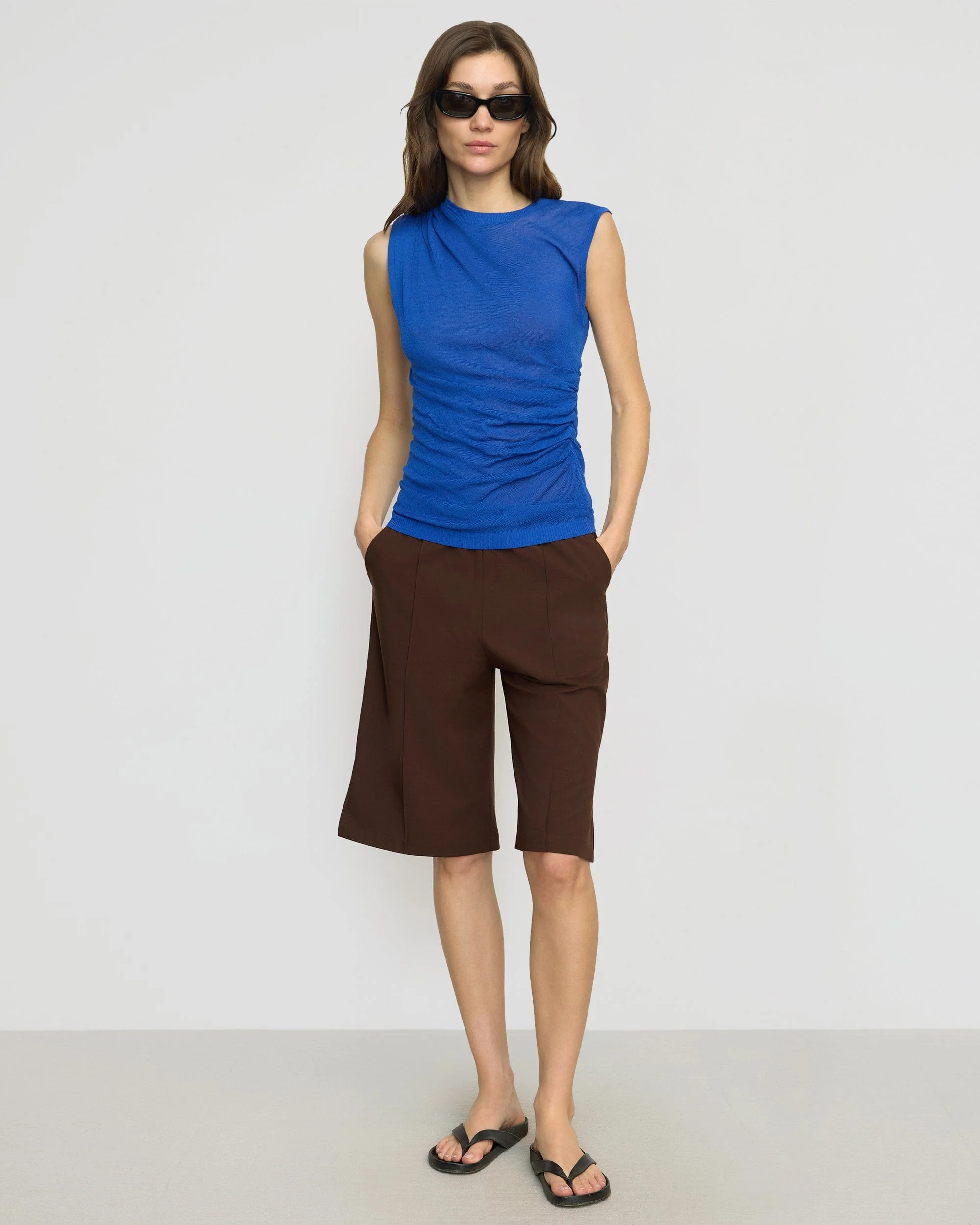 Mikey Semi-Sheer Asymmetric-Ruched Top