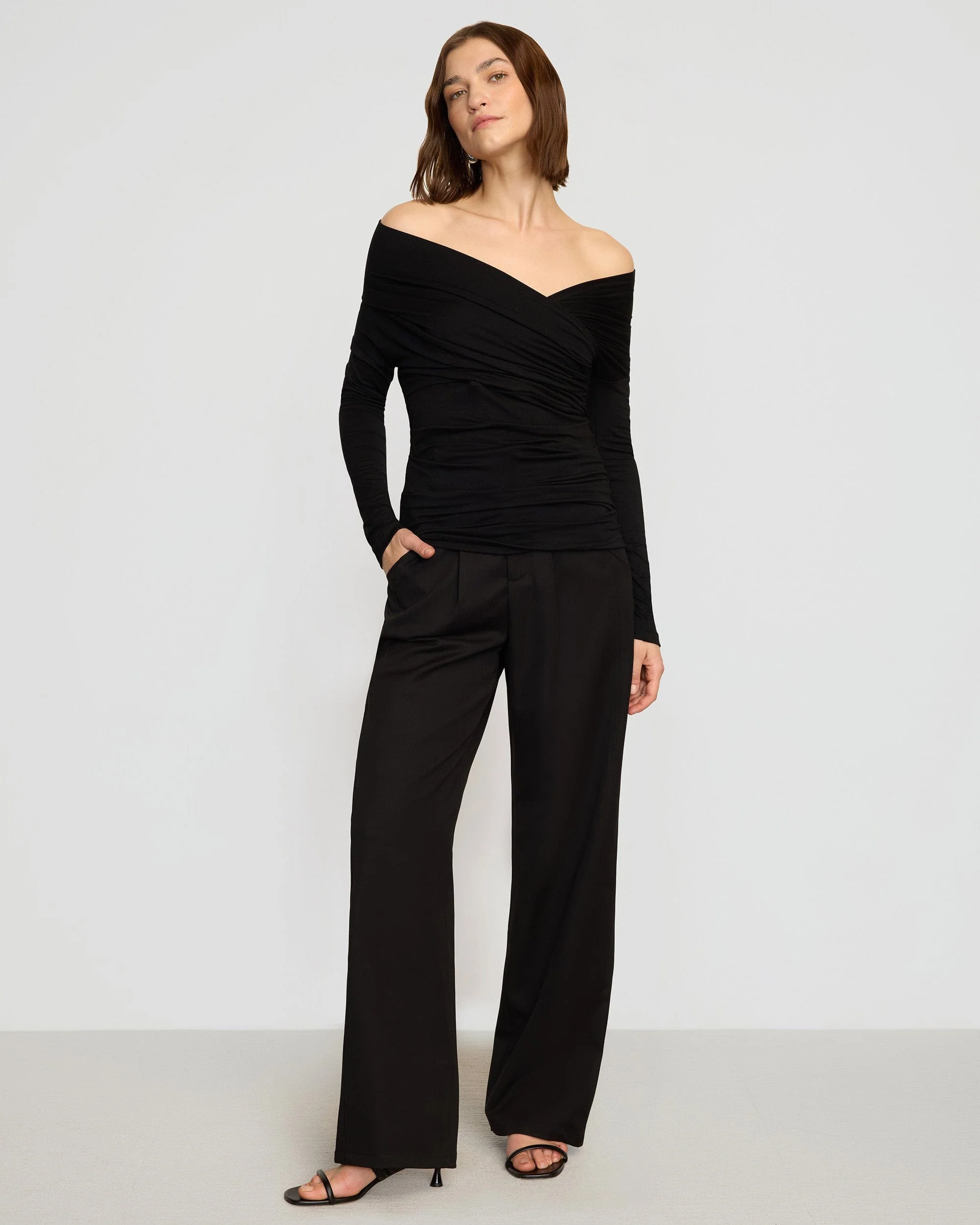 Theresa Ruched Off-Shoulder Long-Sleeve Tee