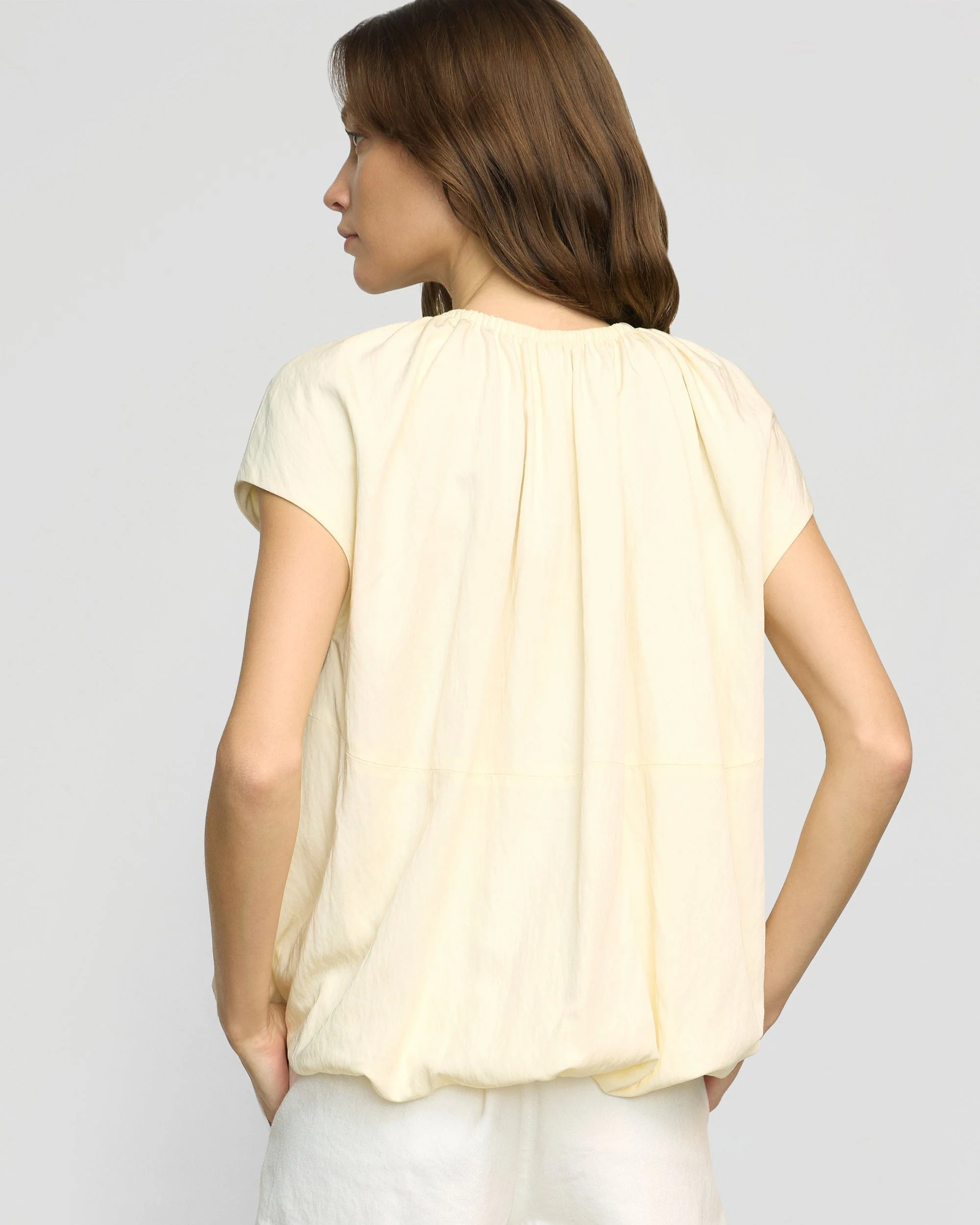 Orinda Shirred-Neck Bubble-Hem Blouse