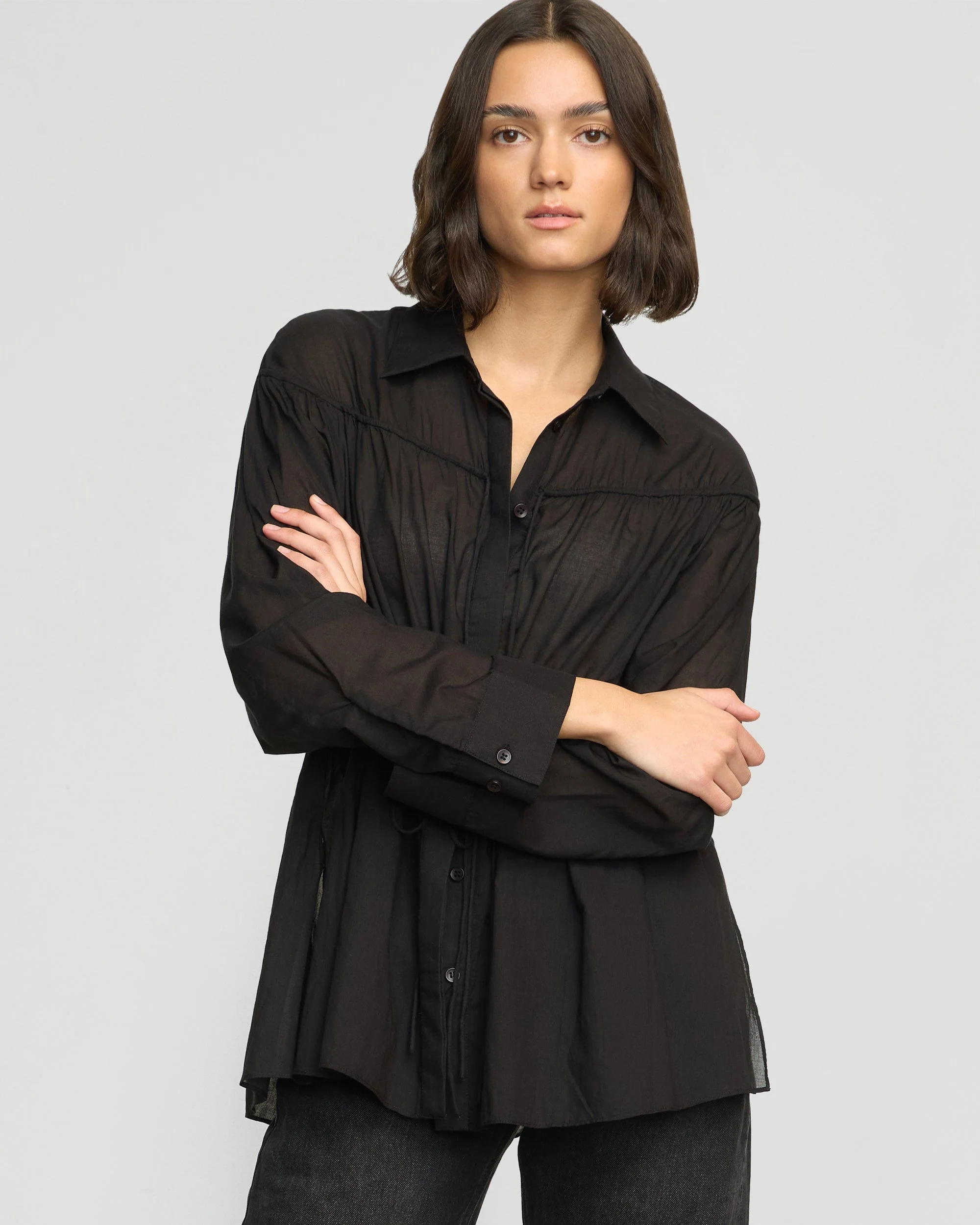 Kia Tie-Front Cotton-Silk Tunic Blouse