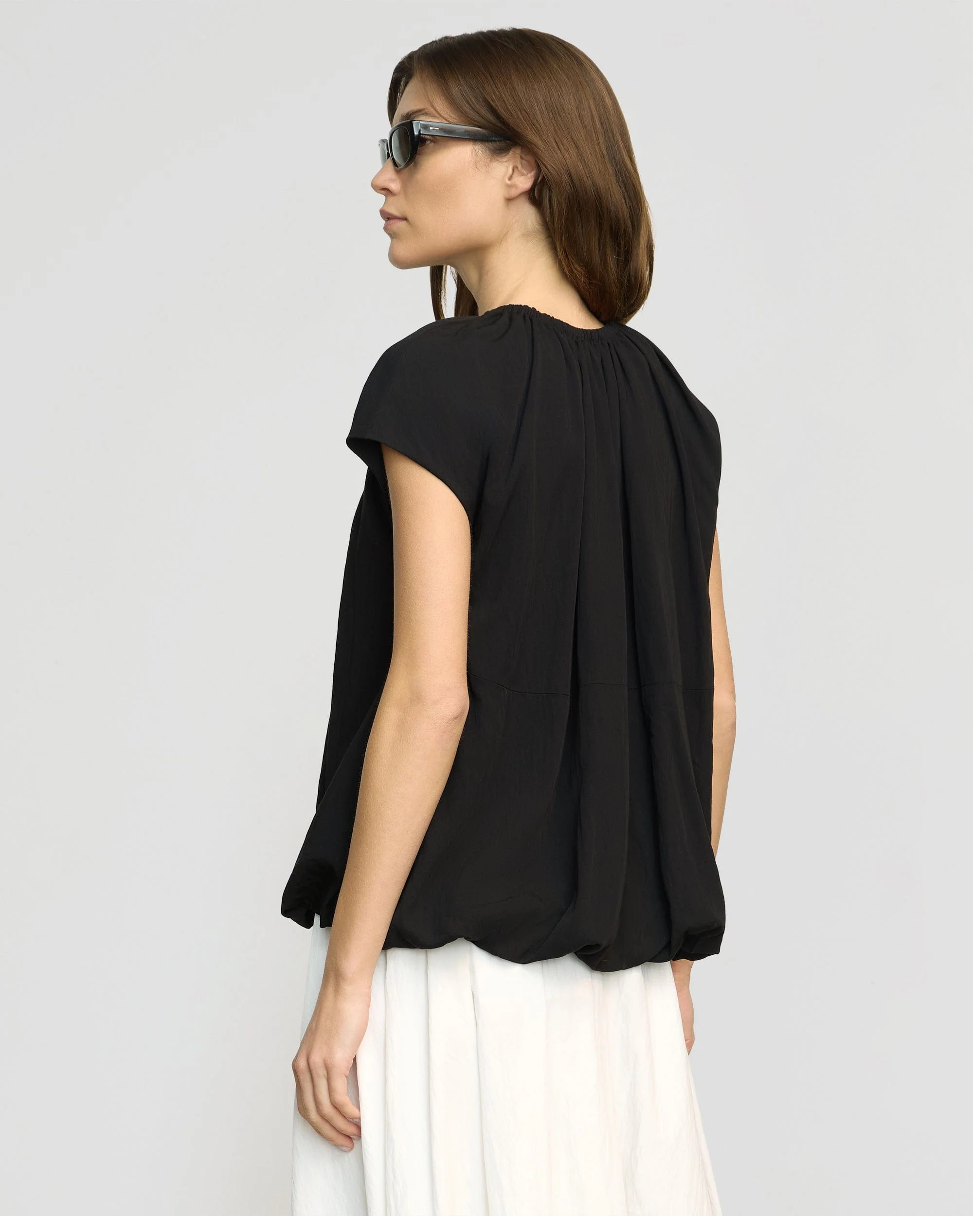 Orinda Shirred-Neck Bubble-Hem Blouse