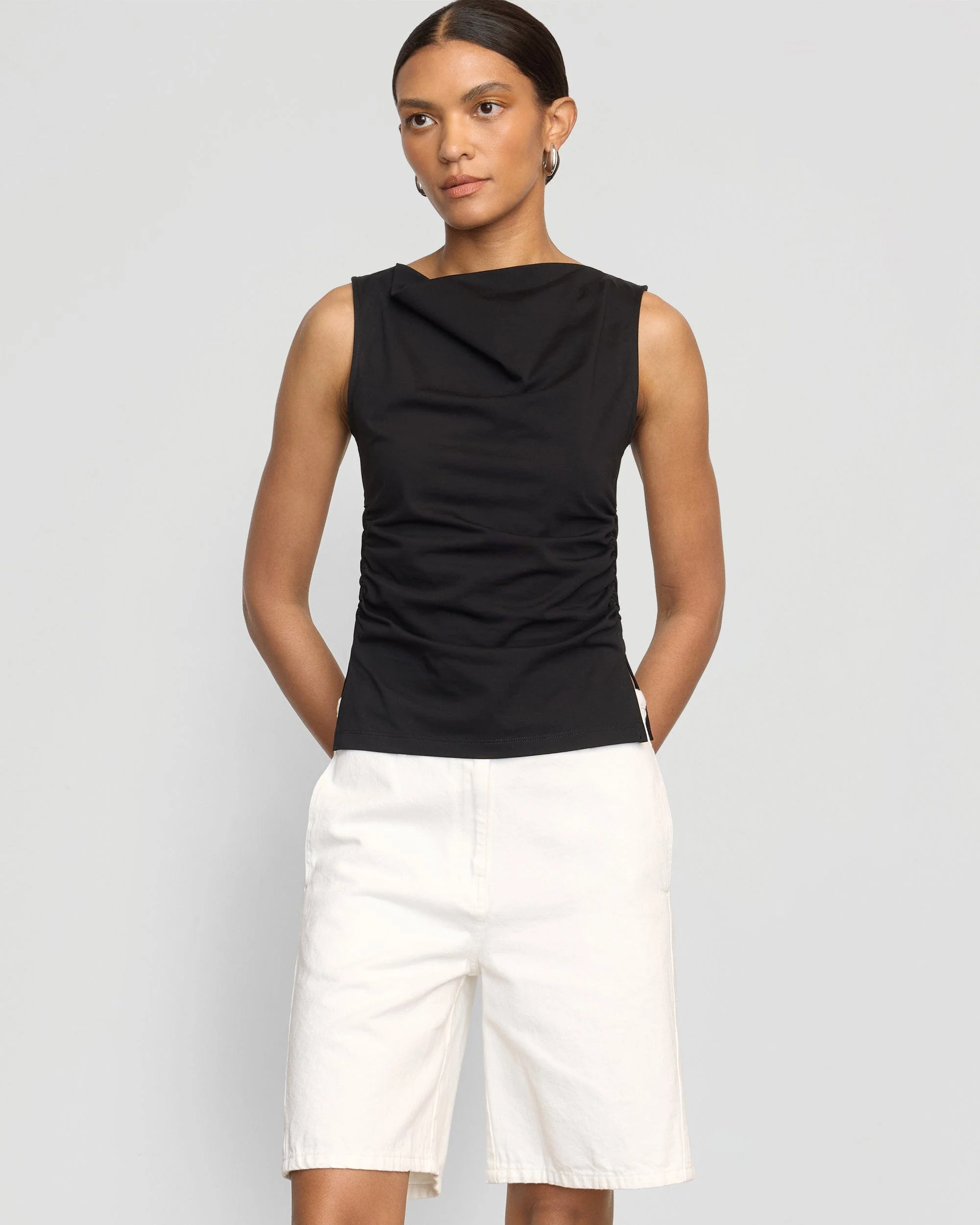 Josie Shirred-Side Cowl-Neck Tee