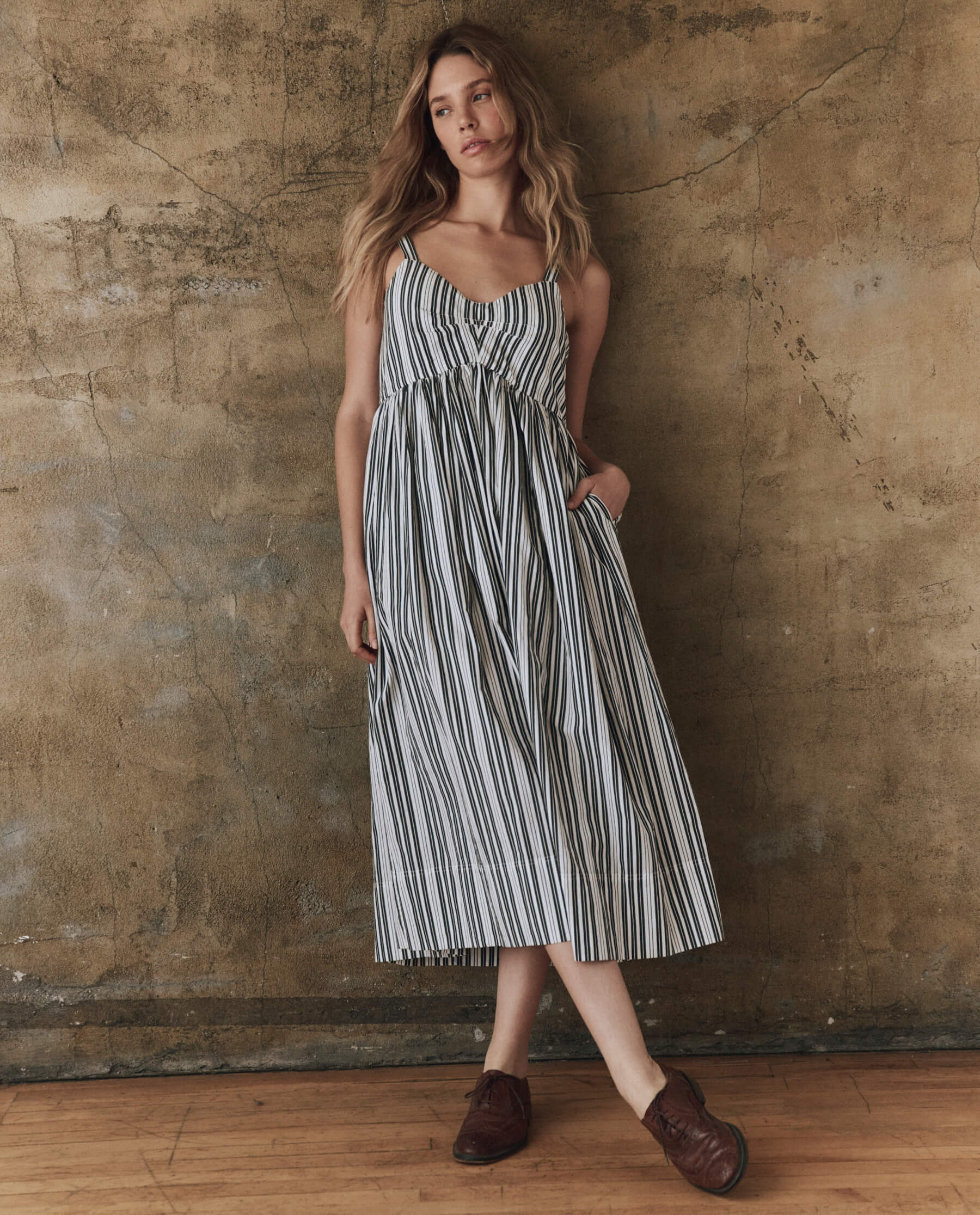 The Reyes Dress. -- Parchment Stripe