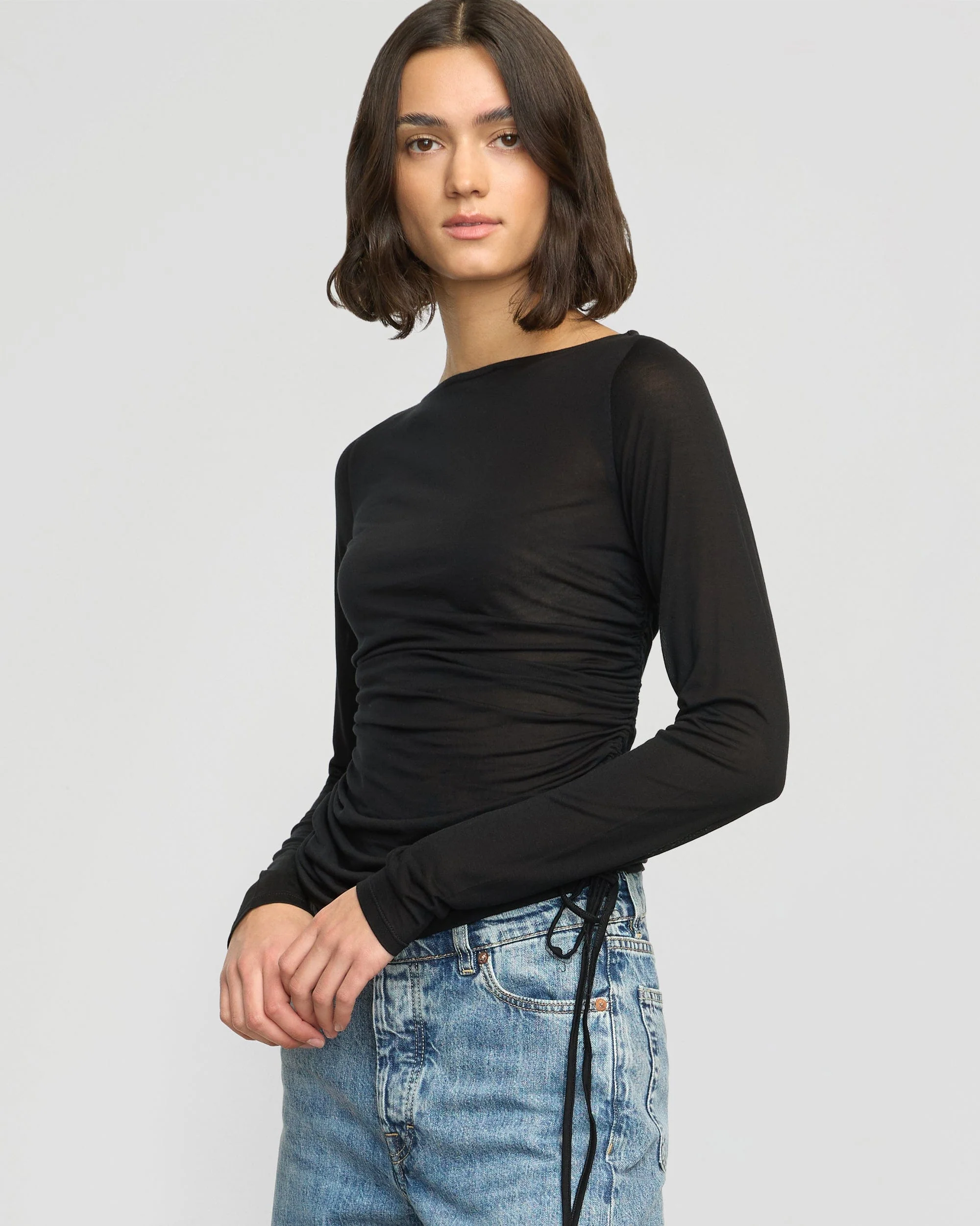 Joan Tencel Ruched-Side Semi-Sheer Tee