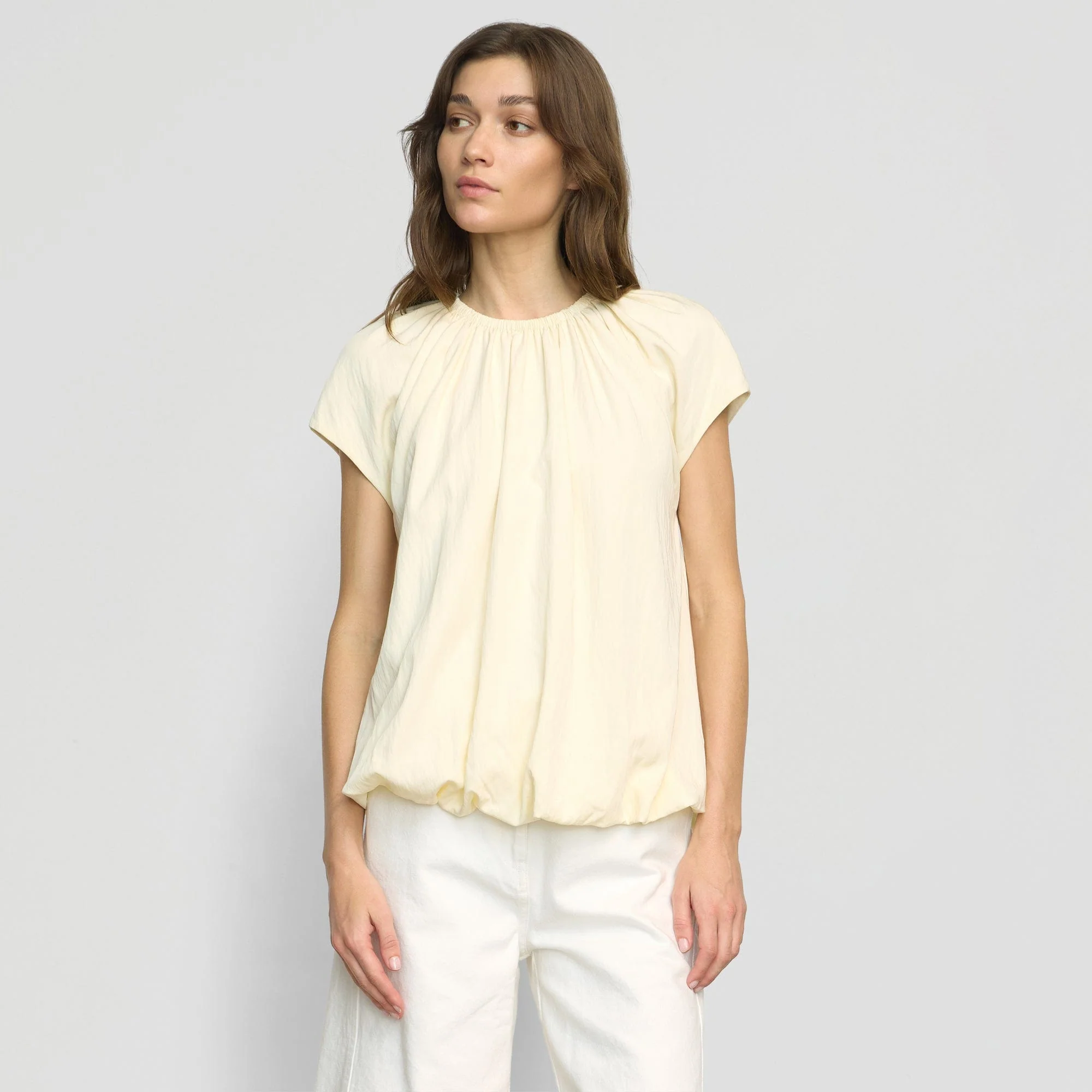 Orinda Shirred-Neck Bubble-Hem Blouse