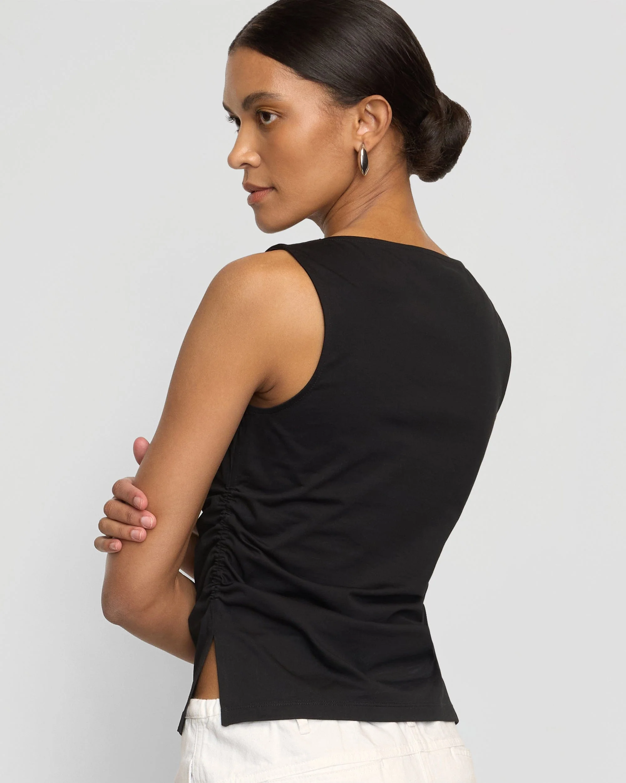 Josie Shirred-Side Cowl-Neck Tee