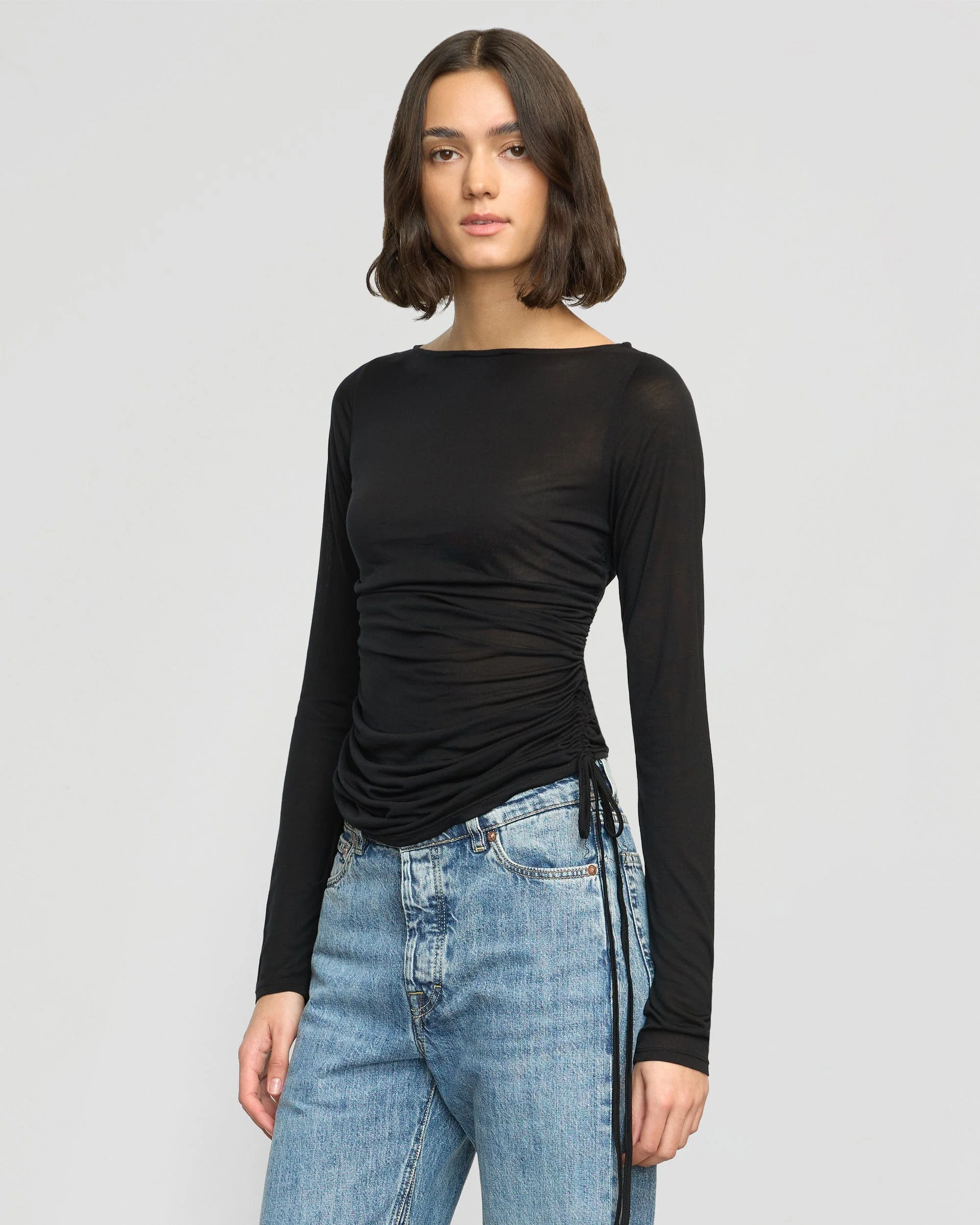 Joan Tencel Ruched-Side Semi-Sheer Tee
