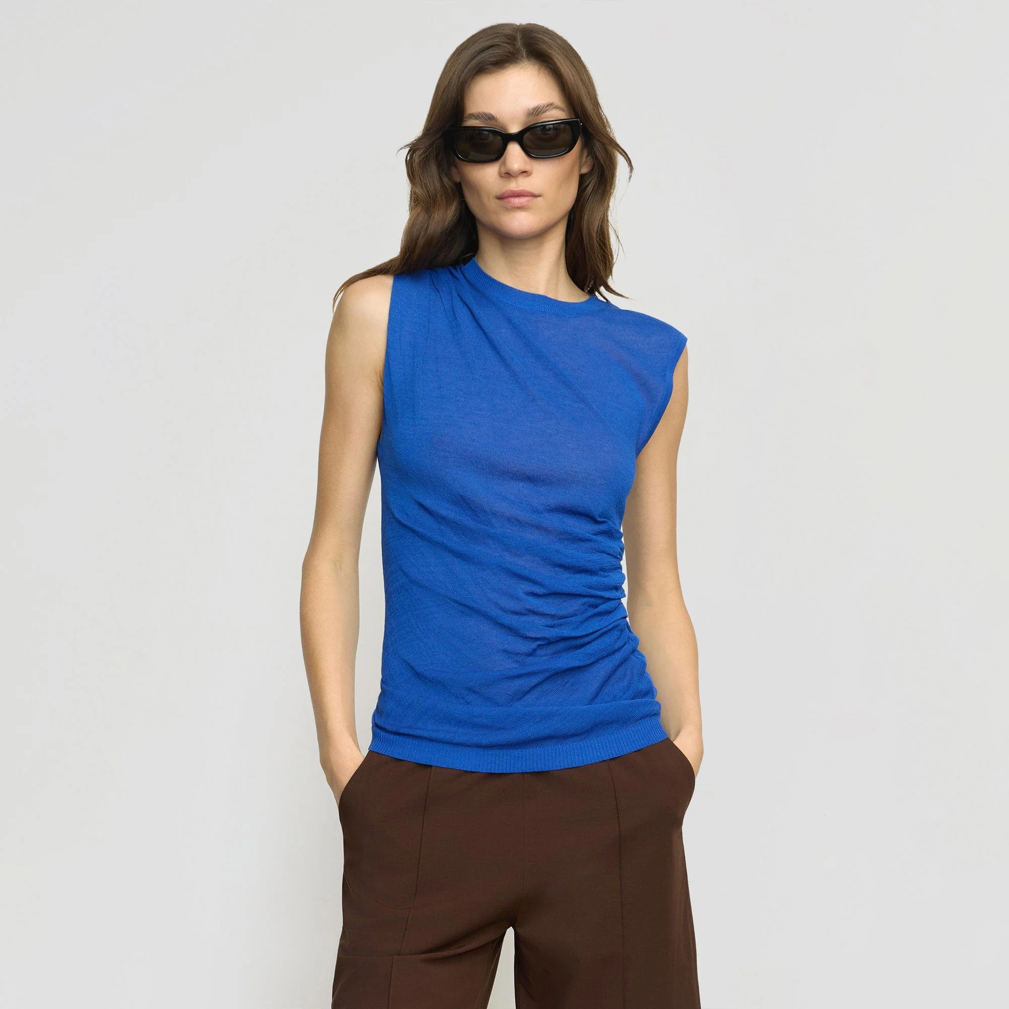 Mikey Semi-Sheer Asymmetric-Ruched Top