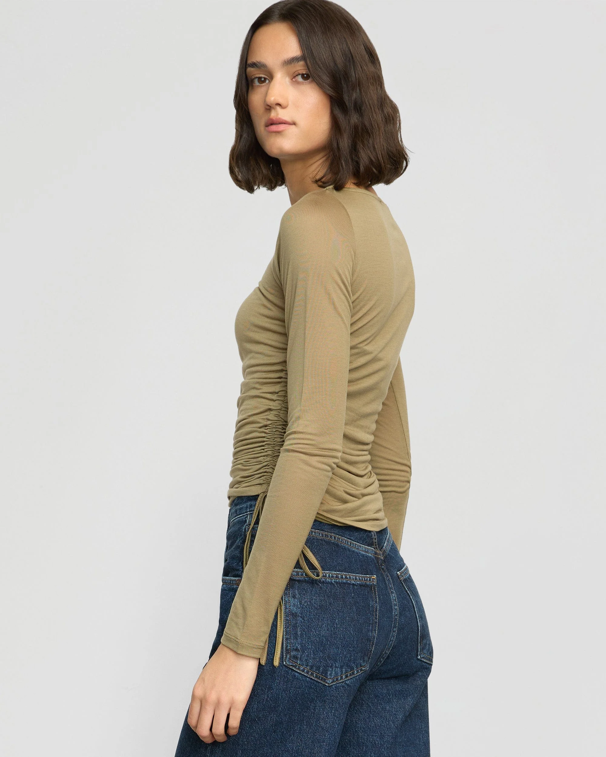 Joan Tencel Ruched-Side Semi-Sheer Tee