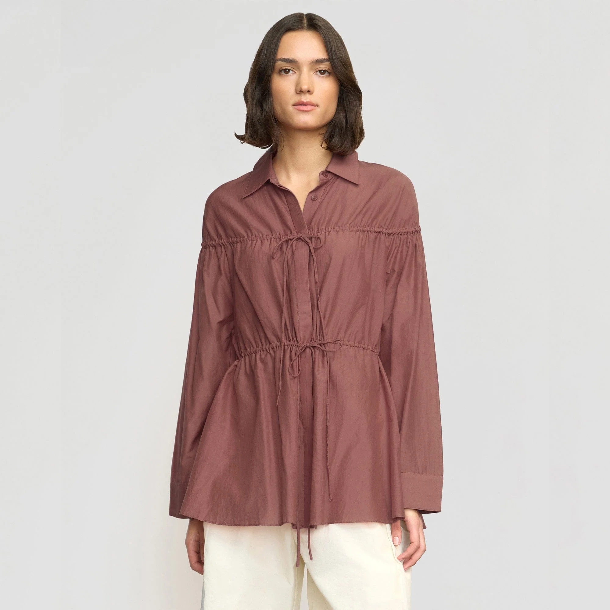 Kia Tie-Front Cotton-Silk Tunic Blouse