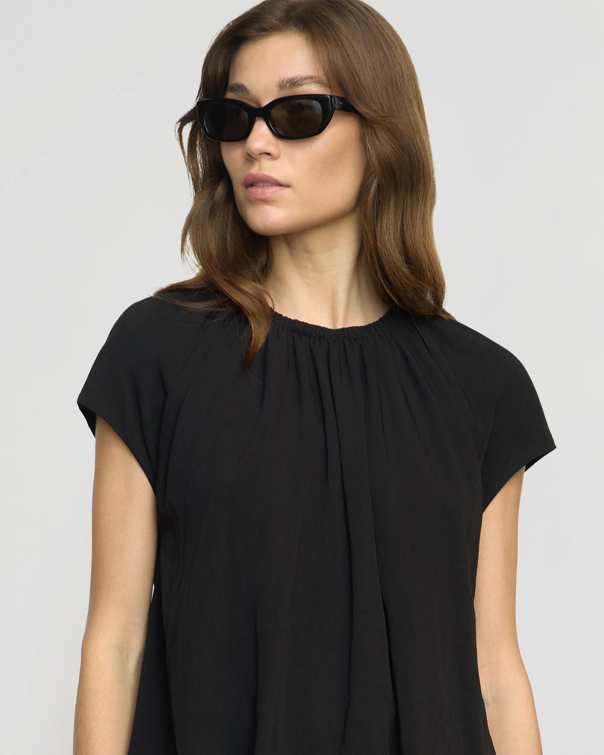 Orinda Shirred-Neck Bubble-Hem Blouse