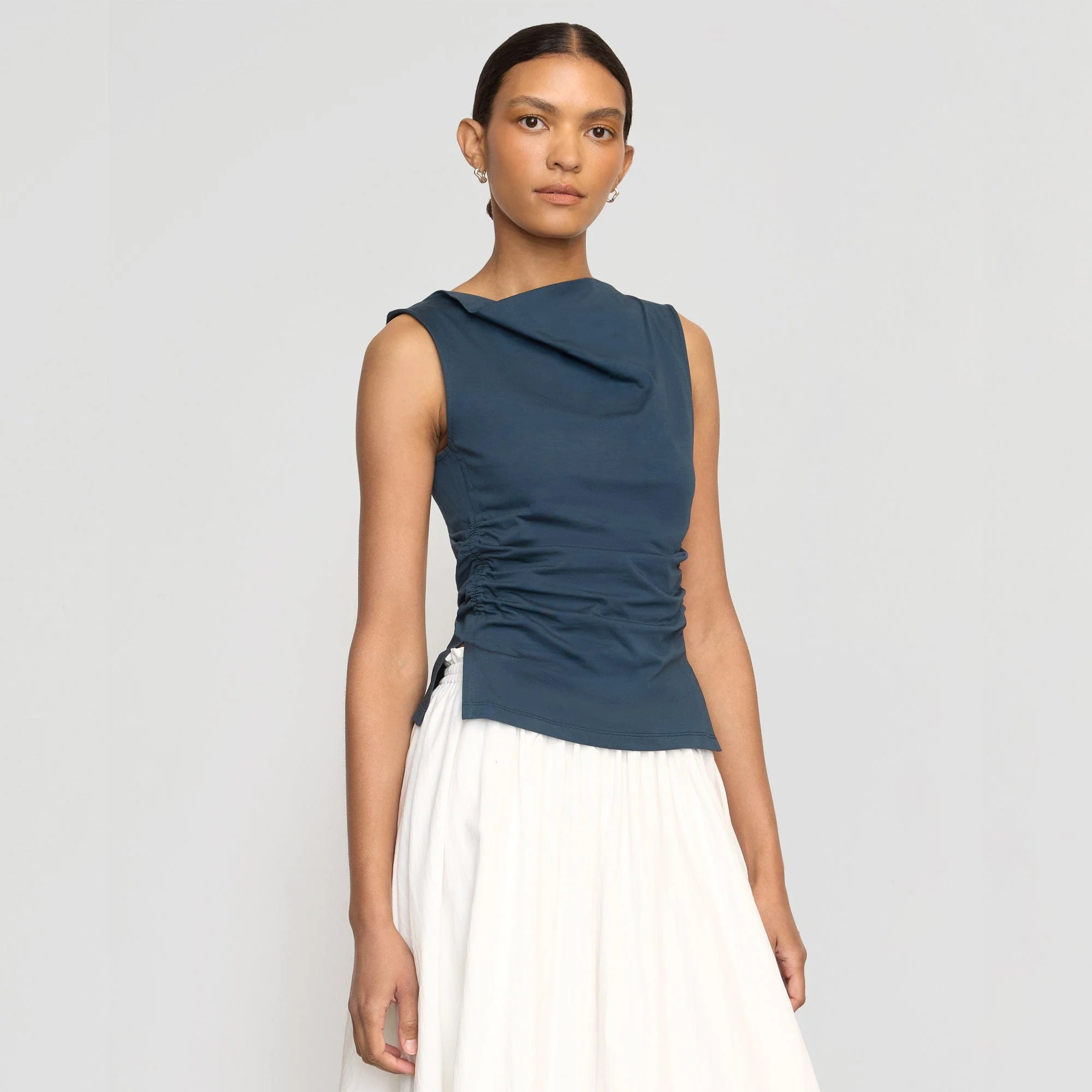 Josie Shirred-Side Cowl-Neck Tee