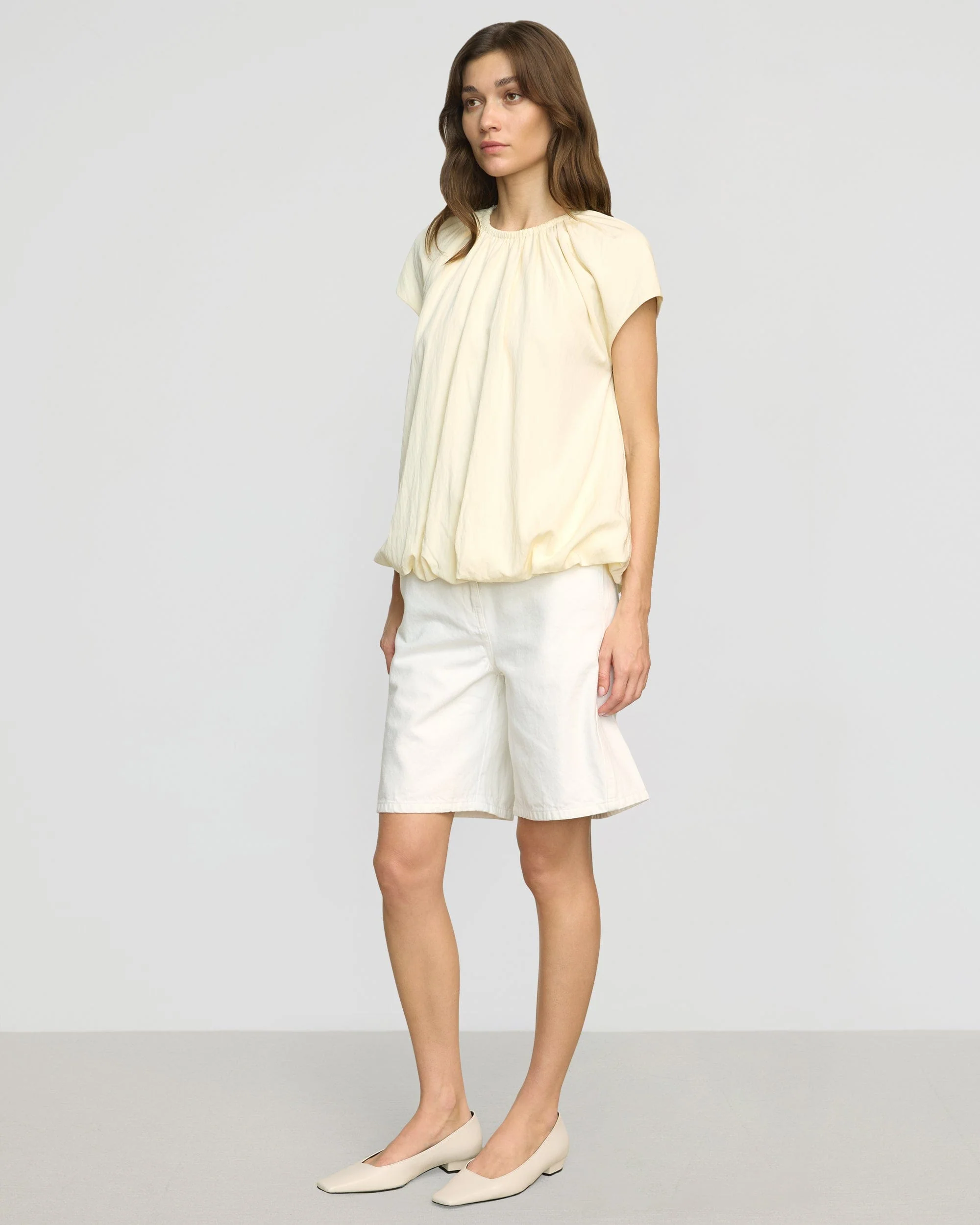 Orinda Shirred-Neck Bubble-Hem Blouse