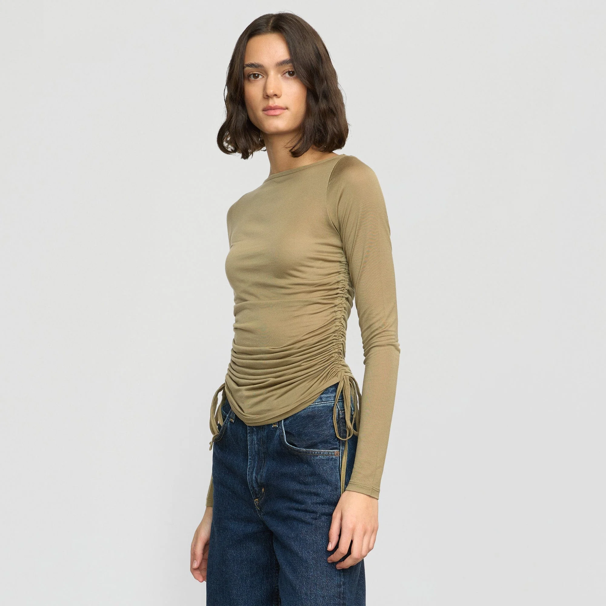 Joan Tencel Ruched-Side Semi-Sheer Tee