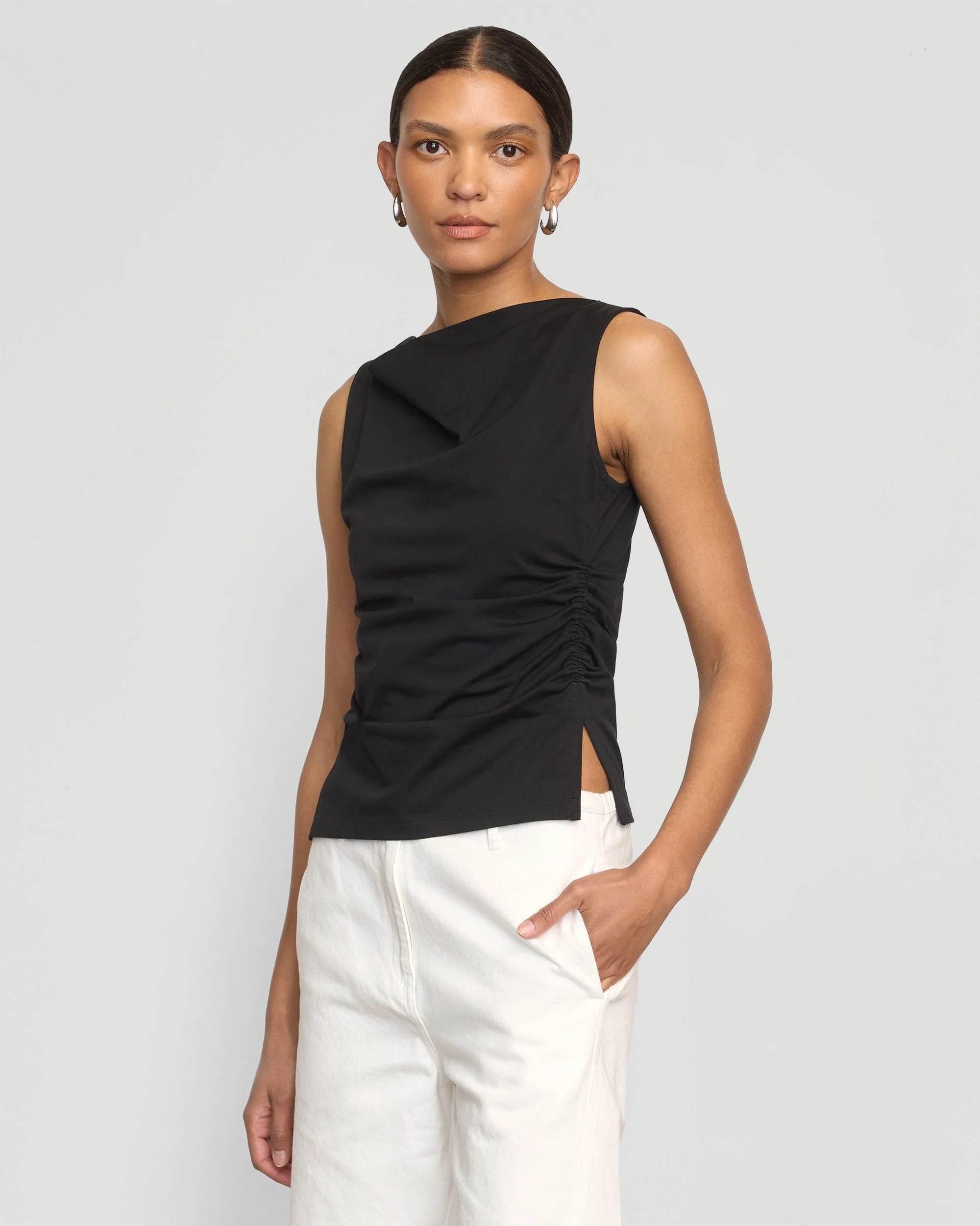 Josie Shirred-Side Cowl-Neck Tee