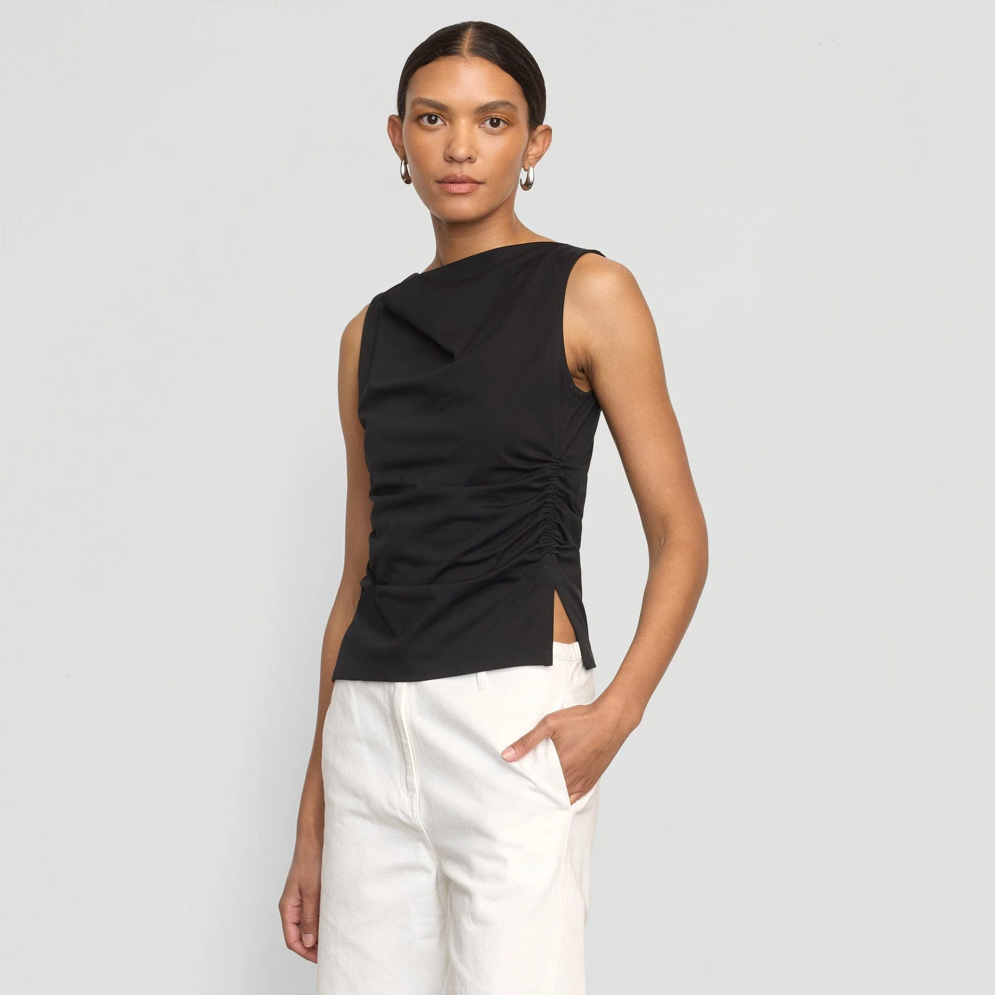 Josie Shirred-Side Cowl-Neck Tee