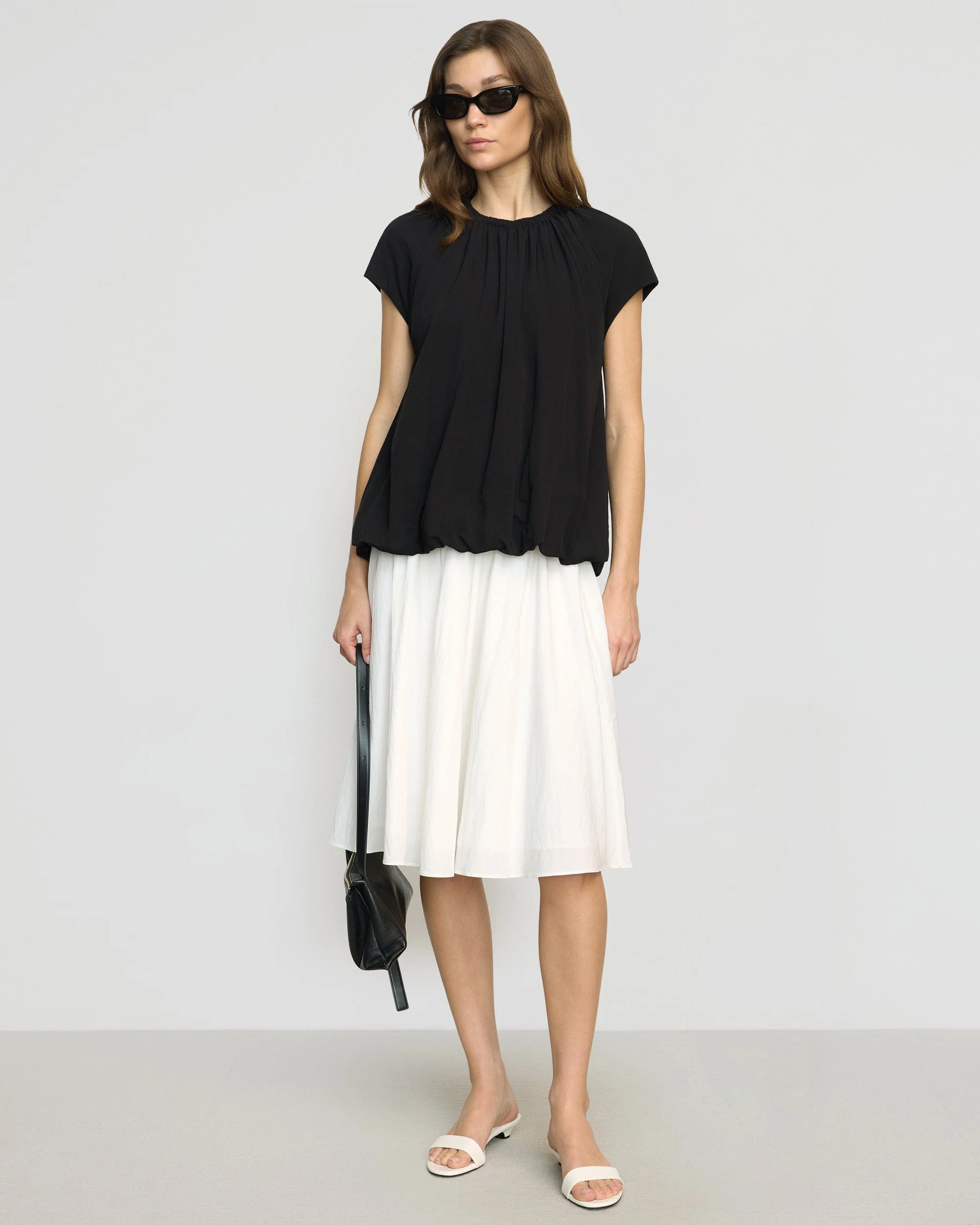 Orinda Shirred-Neck Bubble-Hem Blouse