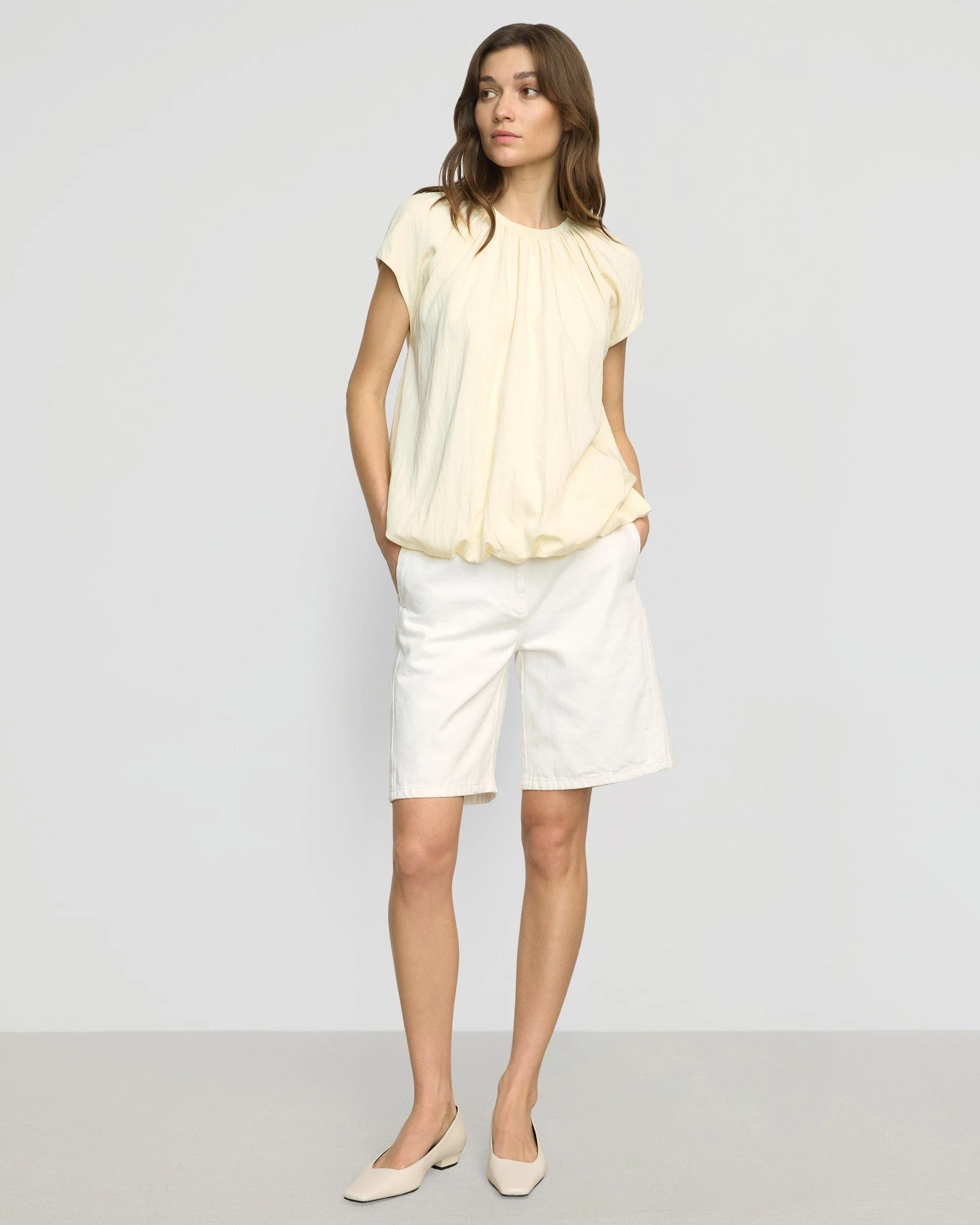 Orinda Shirred-Neck Bubble-Hem Blouse