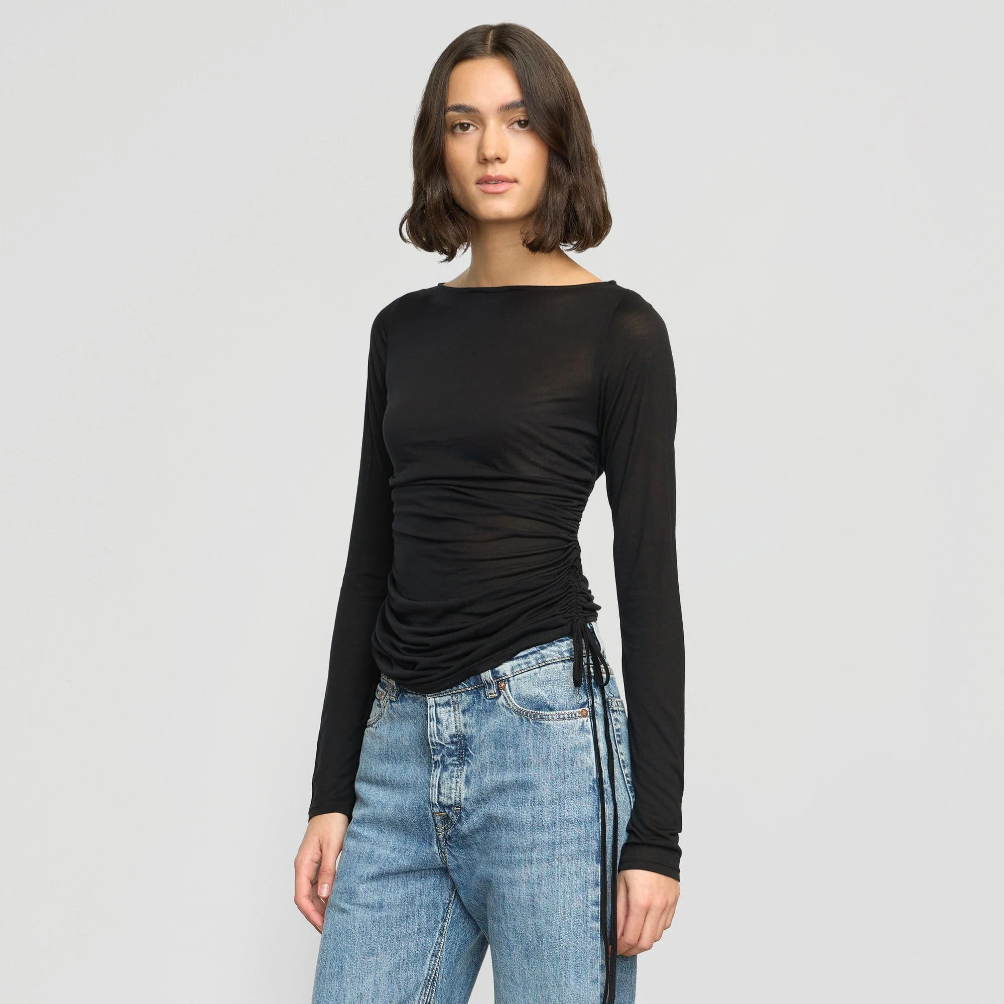 Joan Tencel Ruched-Side Semi-Sheer Tee