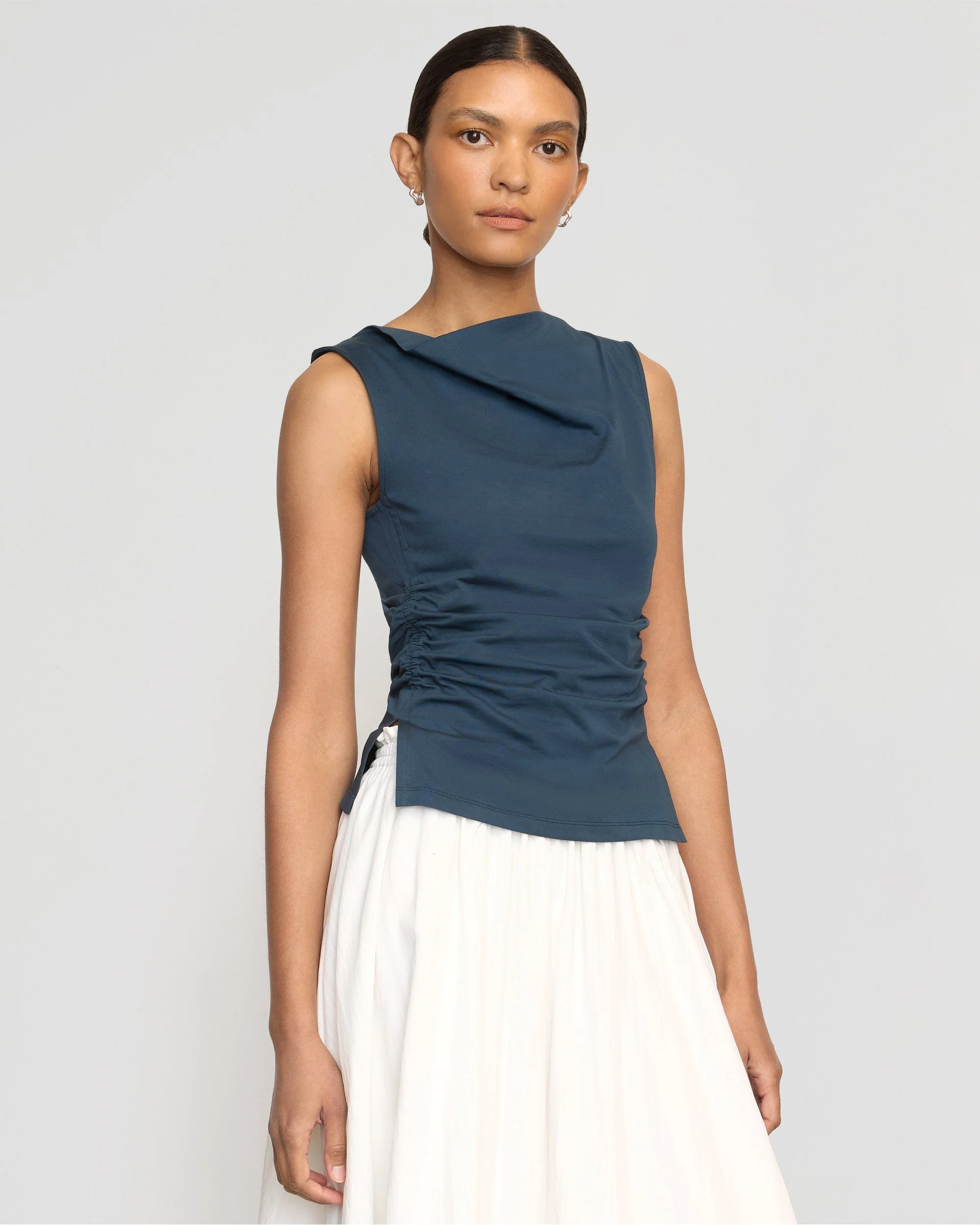 Josie Shirred-Side Cowl-Neck Tee