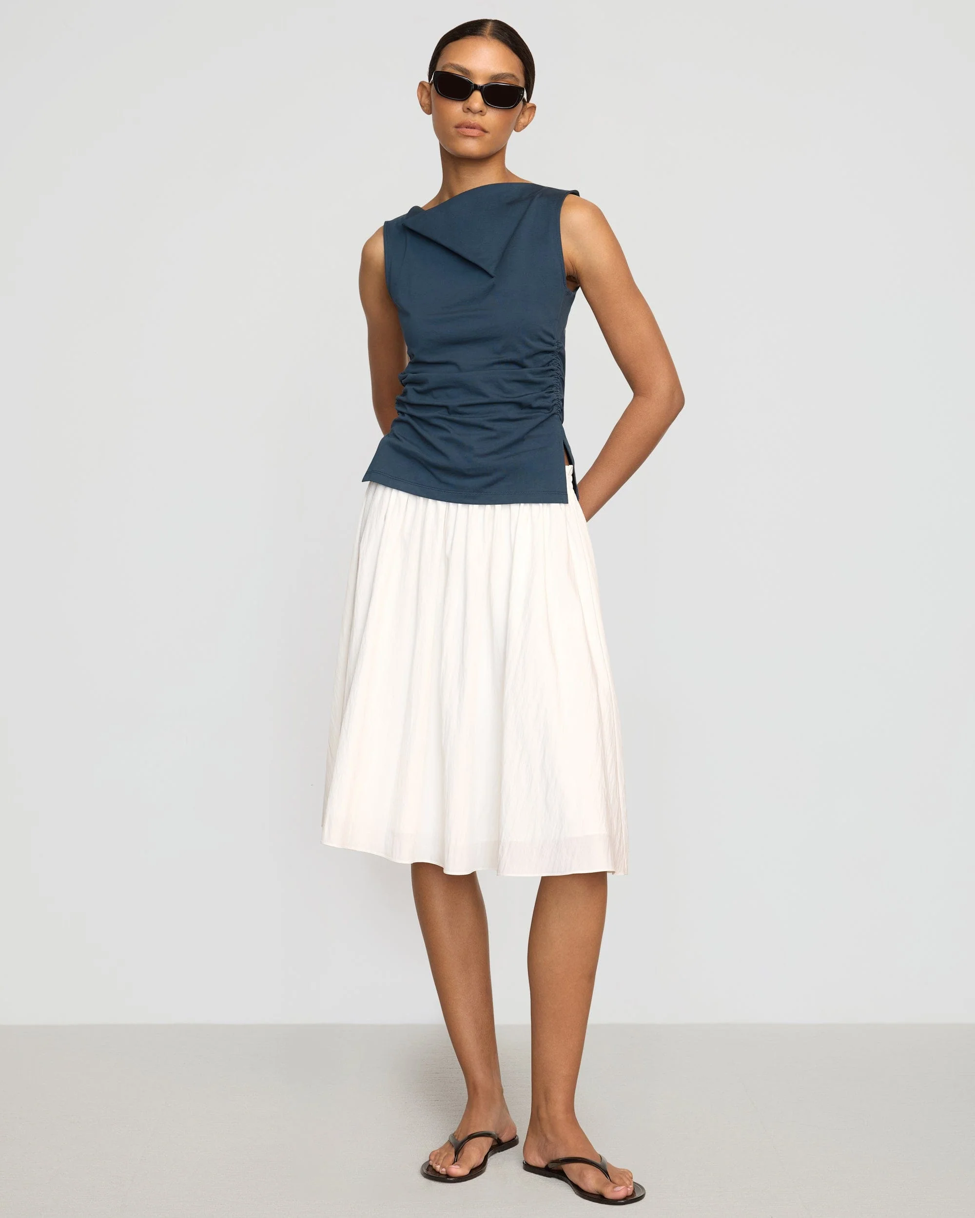 Josie Shirred-Side Cowl-Neck Tee