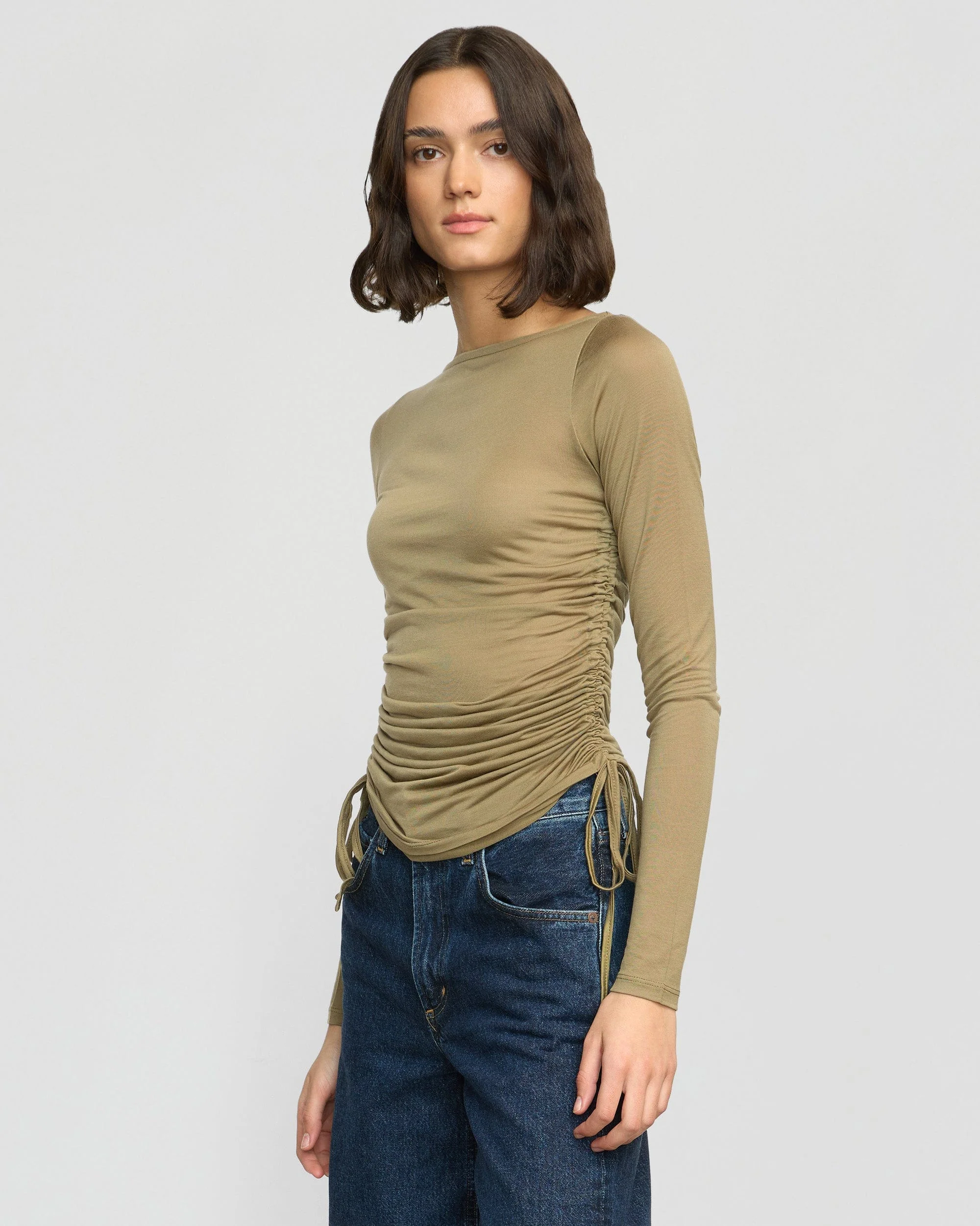 Joan Tencel Ruched-Side Semi-Sheer Tee
