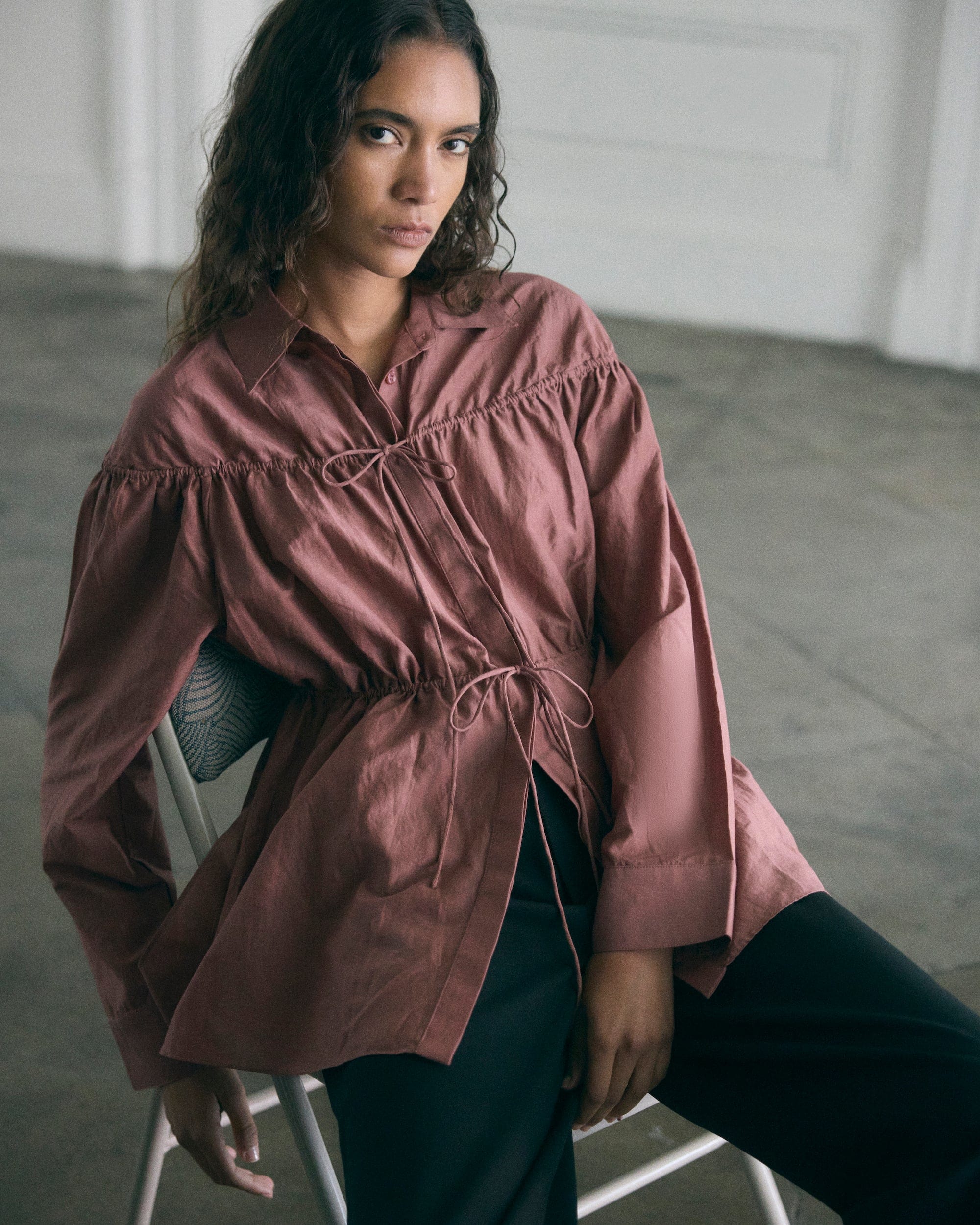 Kia Tie-Front Cotton-Silk Tunic Blouse