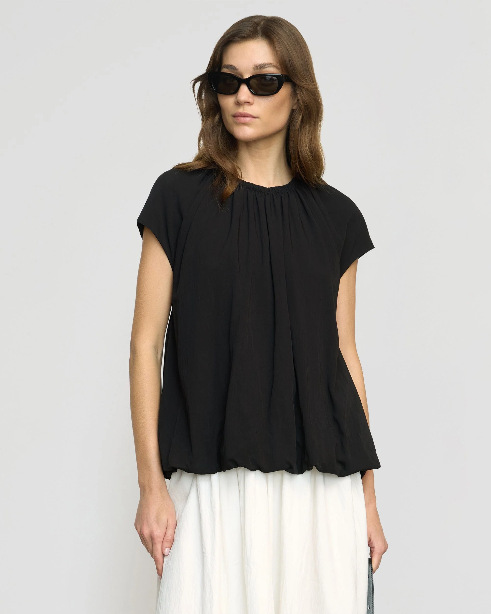 Orinda Shirred-Neck Bubble-Hem Blouse